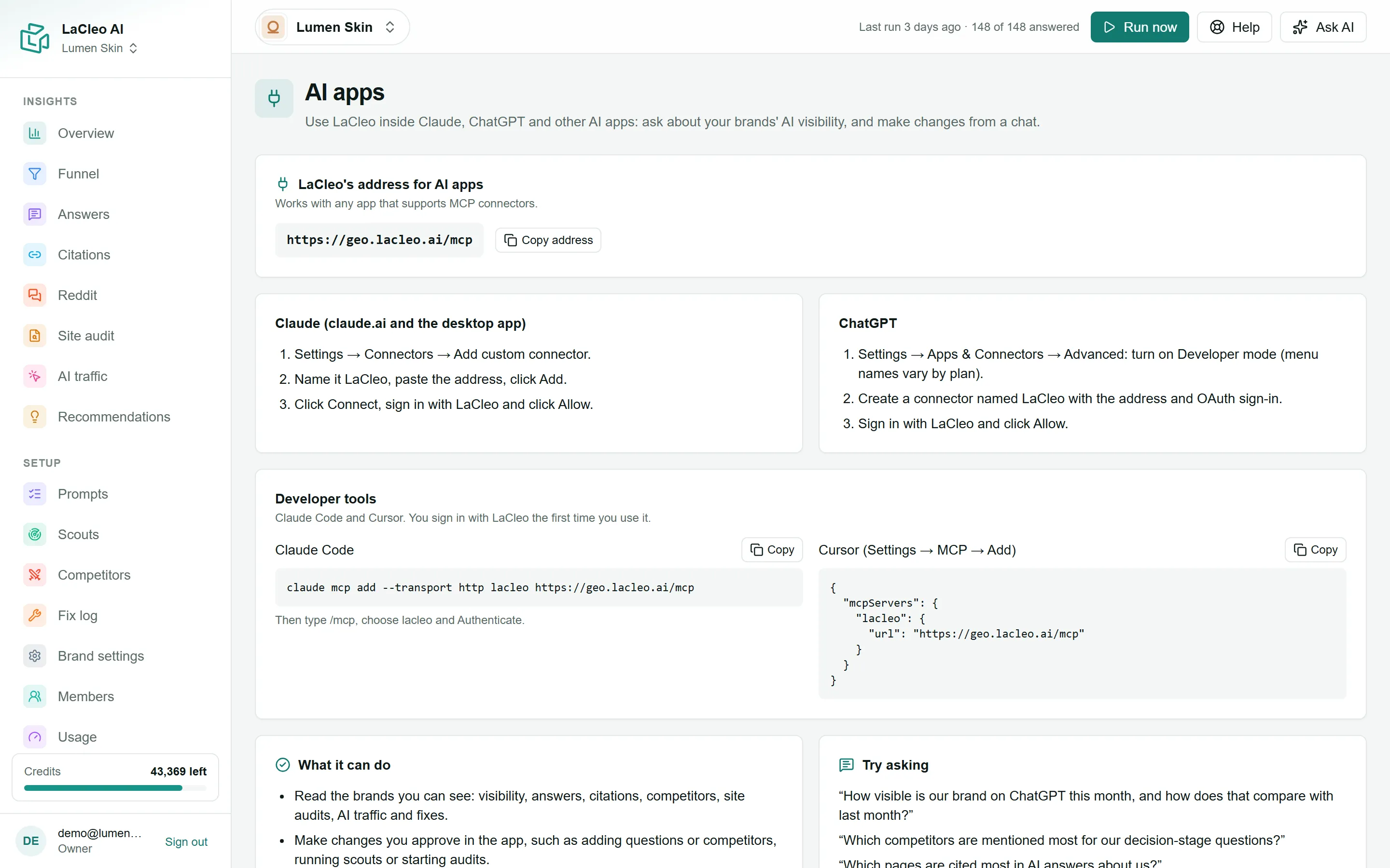 The AI apps page: LaCleo's address and setup steps for each app
