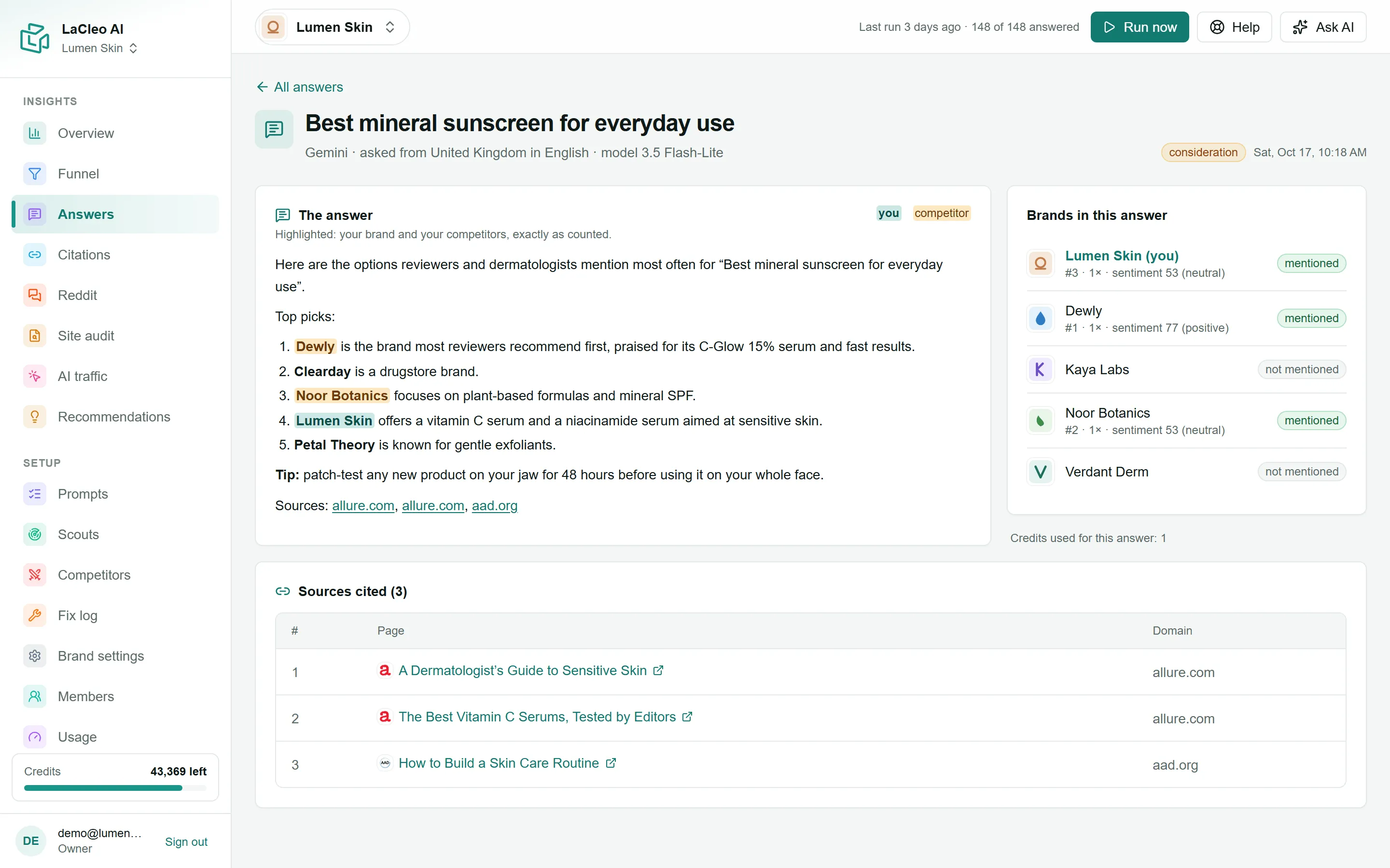 One answer, with mentions highlighted, the brands in it, and its sources