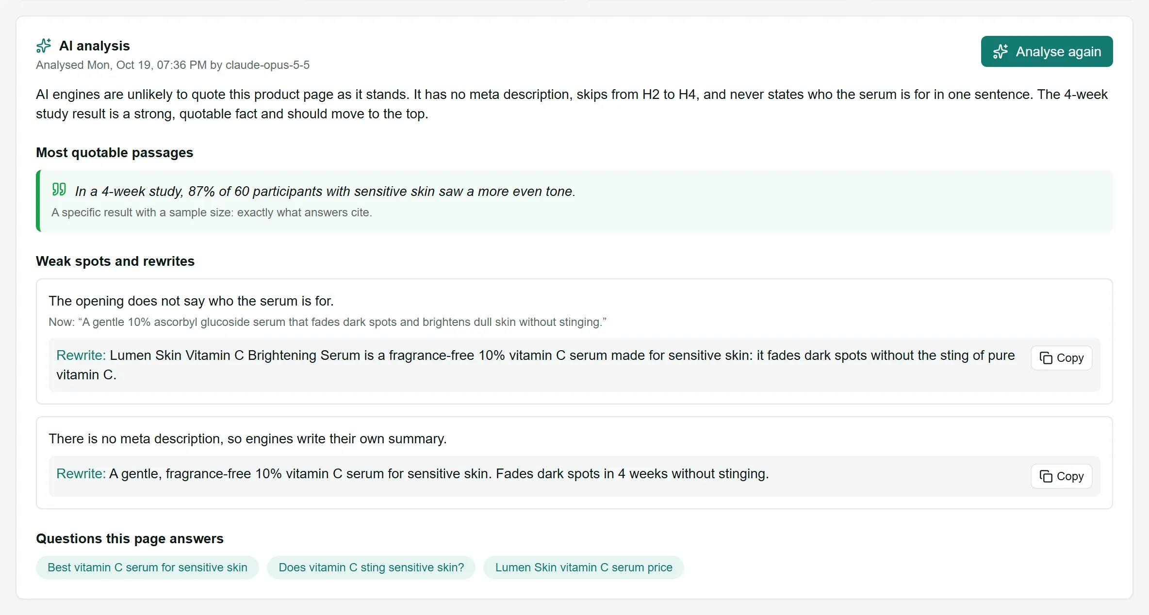A page's AI analysis: verdict, quotable passages, weak spots with rewrites and questions answered
