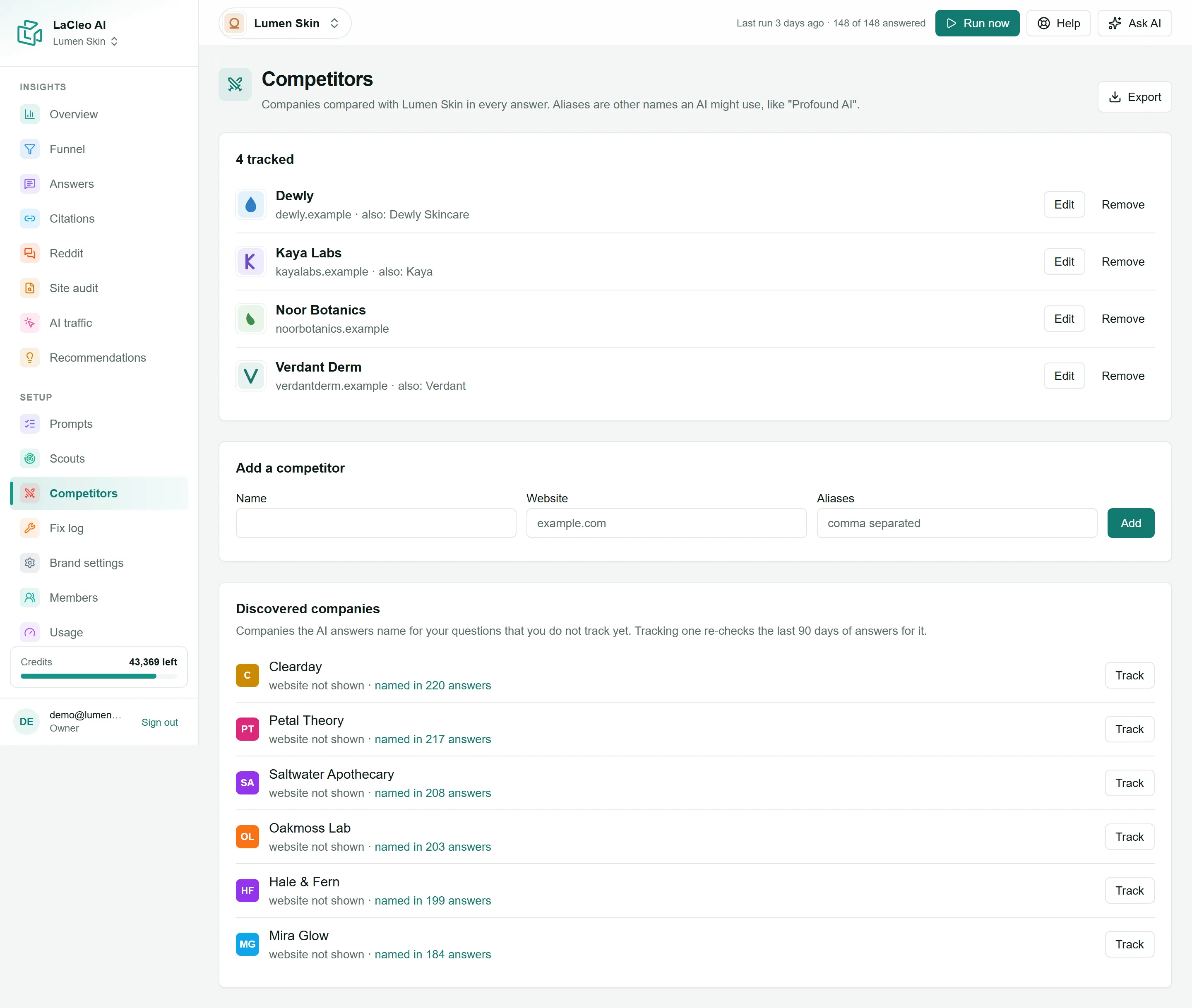The Competitors page: tracked competitors, the add form and discovered companies