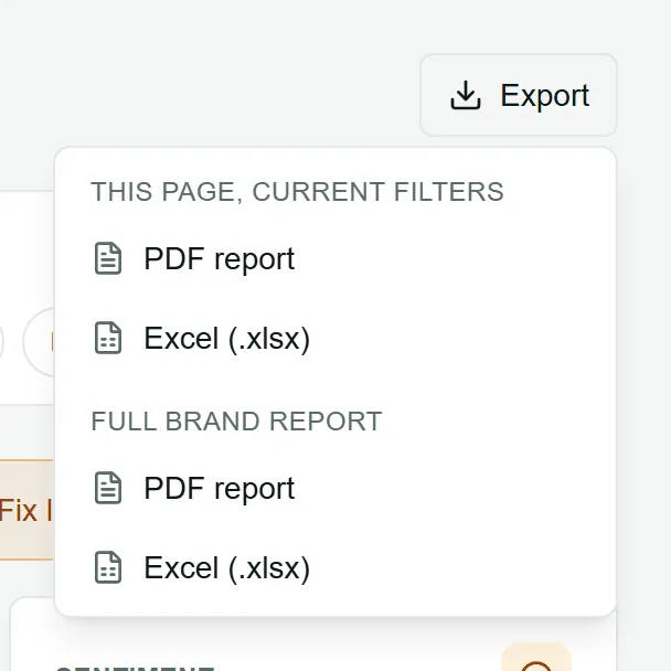 The Export menu: this page or the full brand report, as PDF or Excel