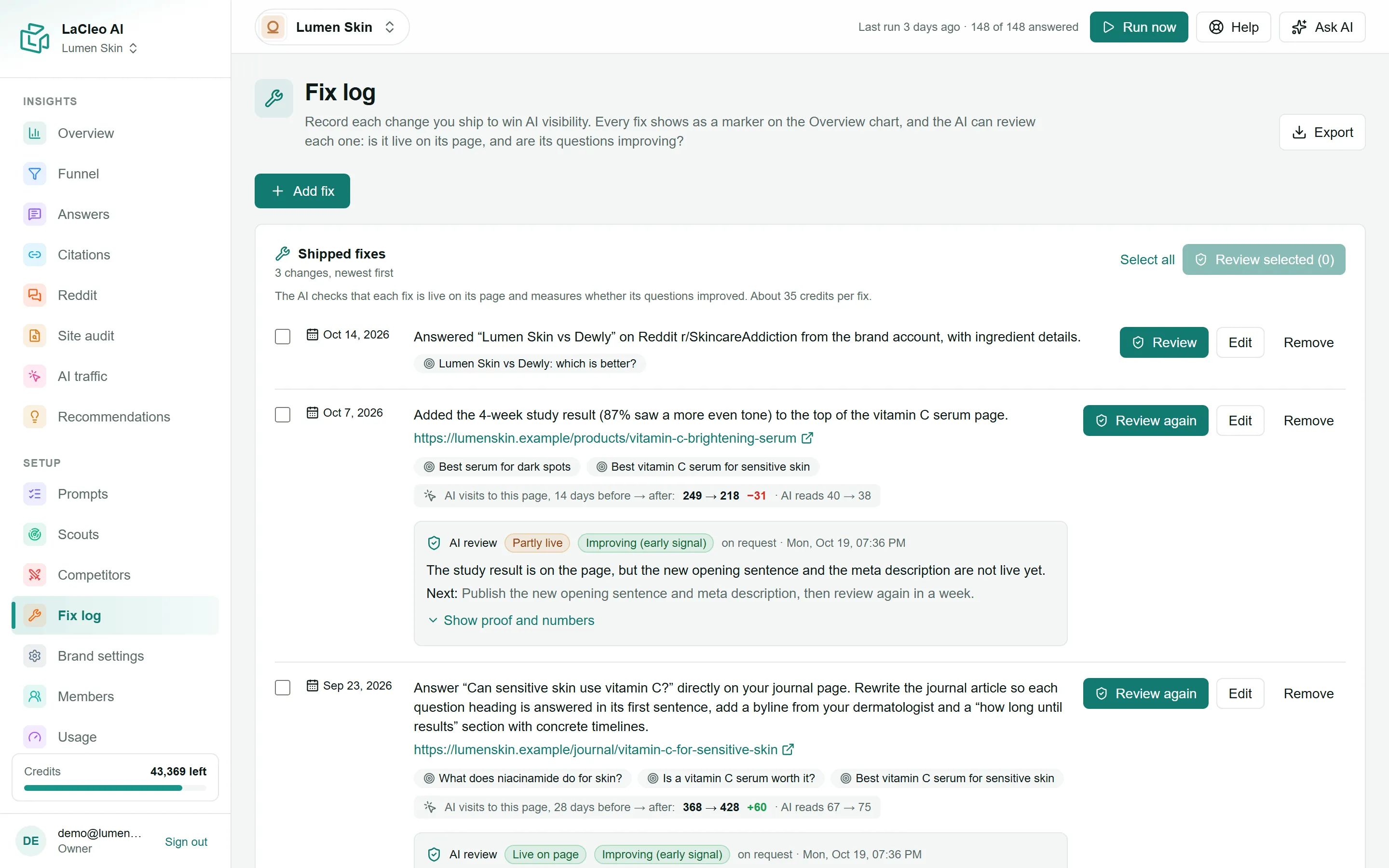 The Fix log: shipped fixes with their AI reviews