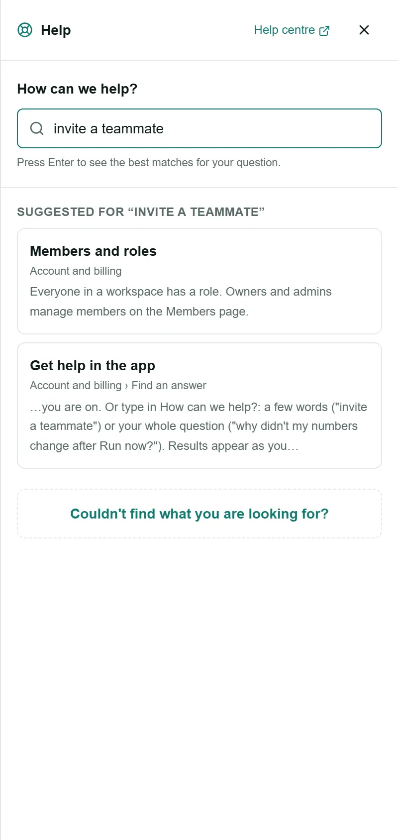 The Help panel showing the best matches for the question “invite a teammate”