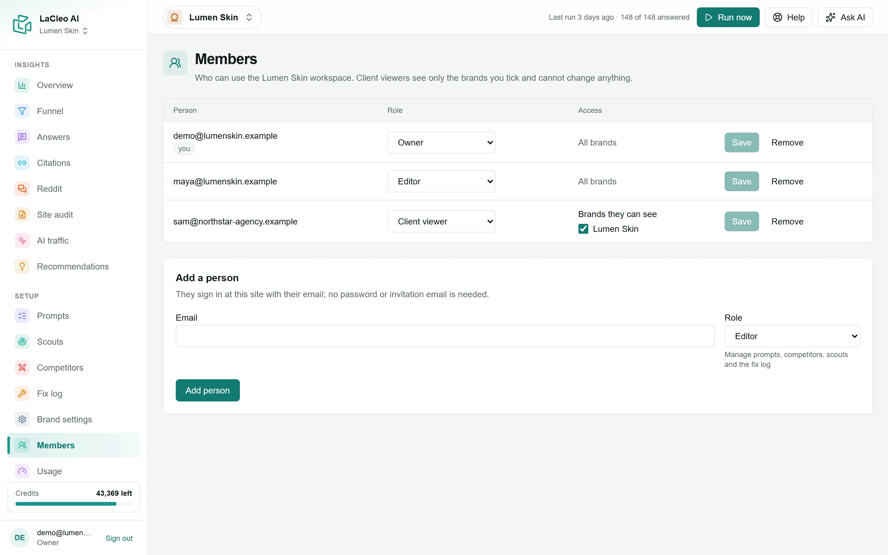 The Members page: people, roles and the brands a client viewer can see