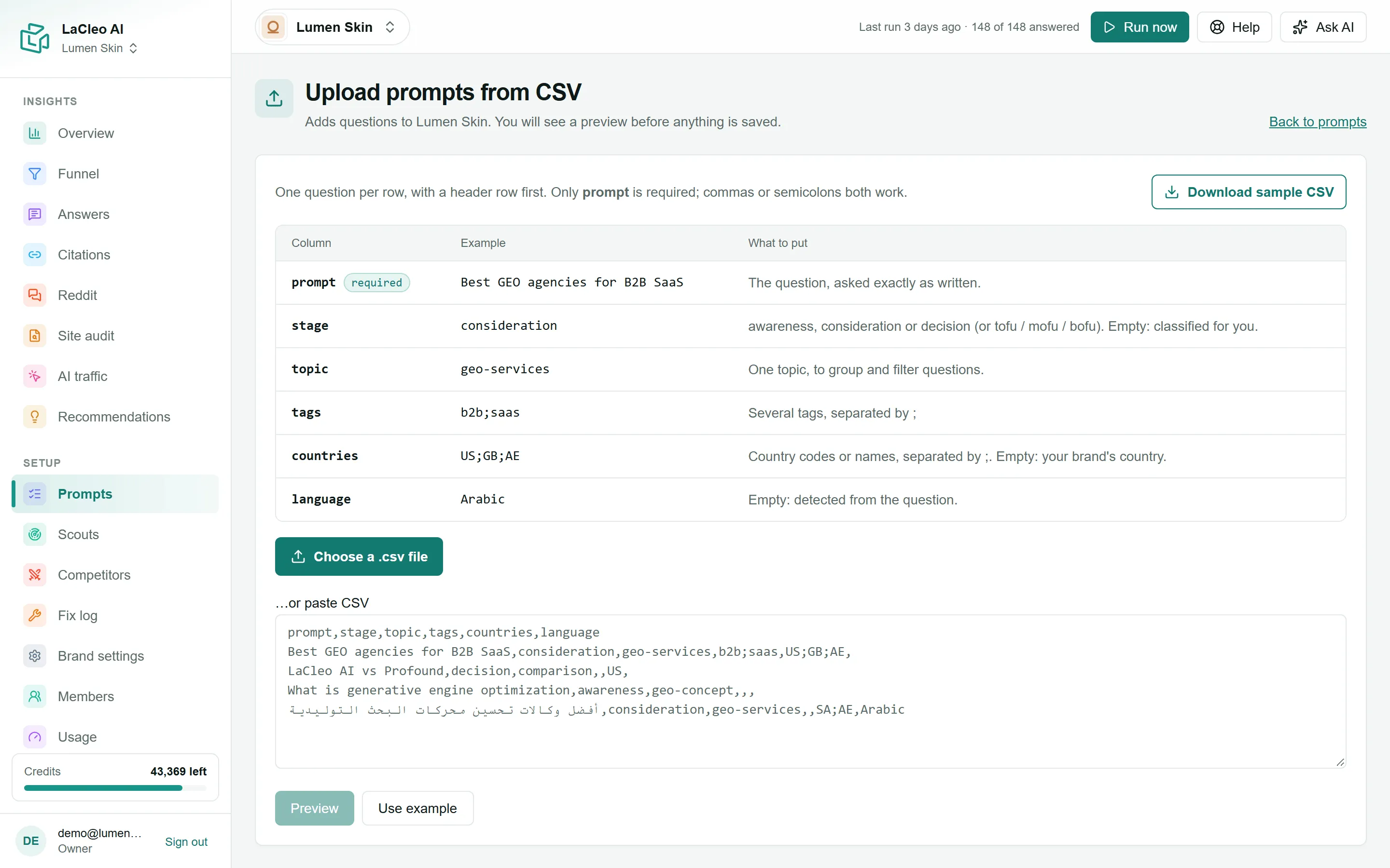 The Upload prompts from CSV page, with the column guide