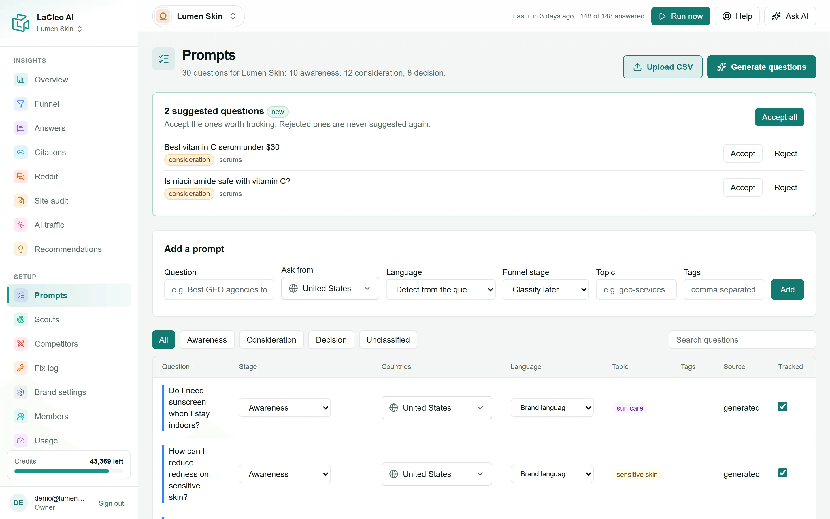 The Prompts page: suggested questions, the Add a prompt form and the question list