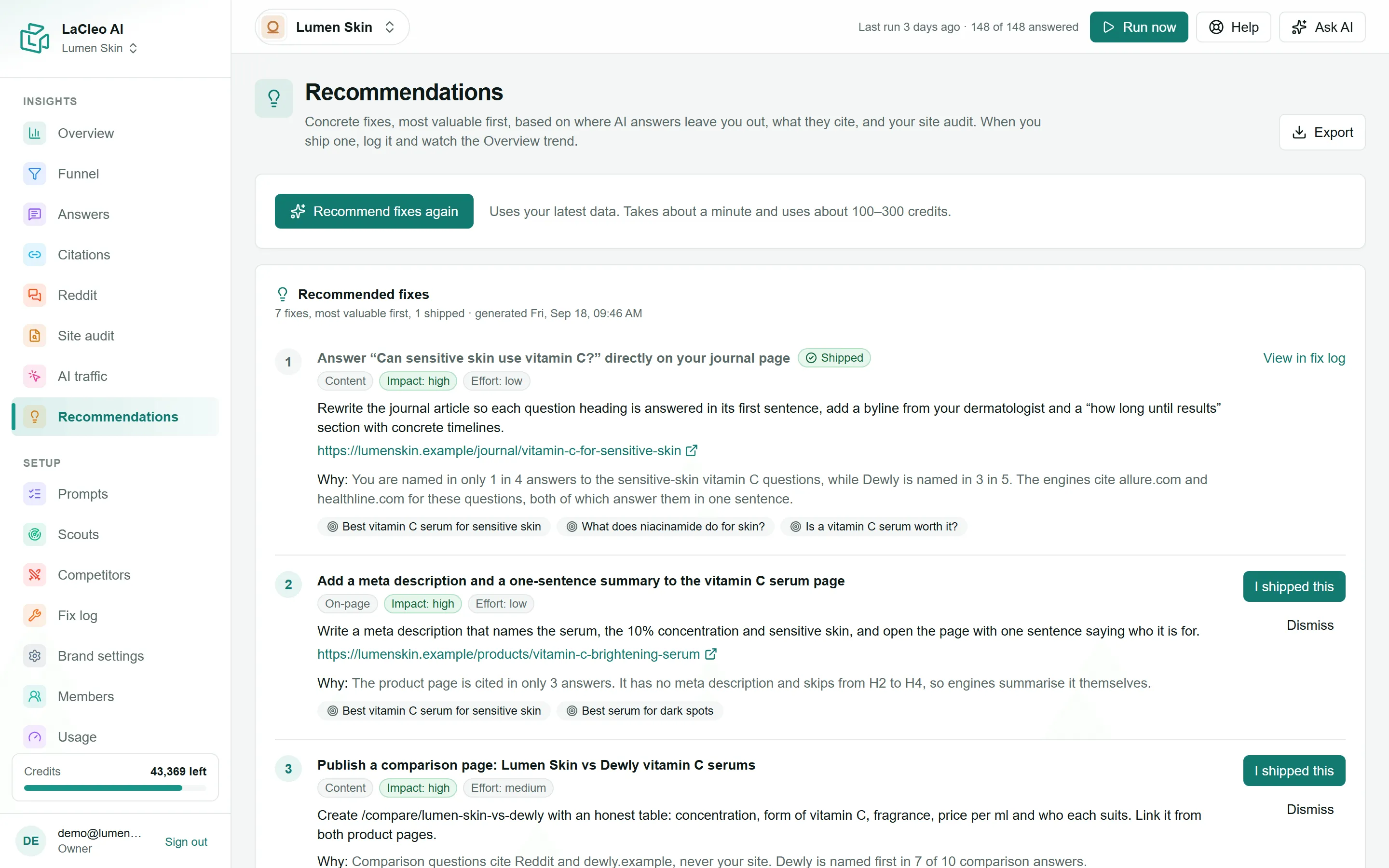 Recommended fixes, each with impact, effort, what to do and why