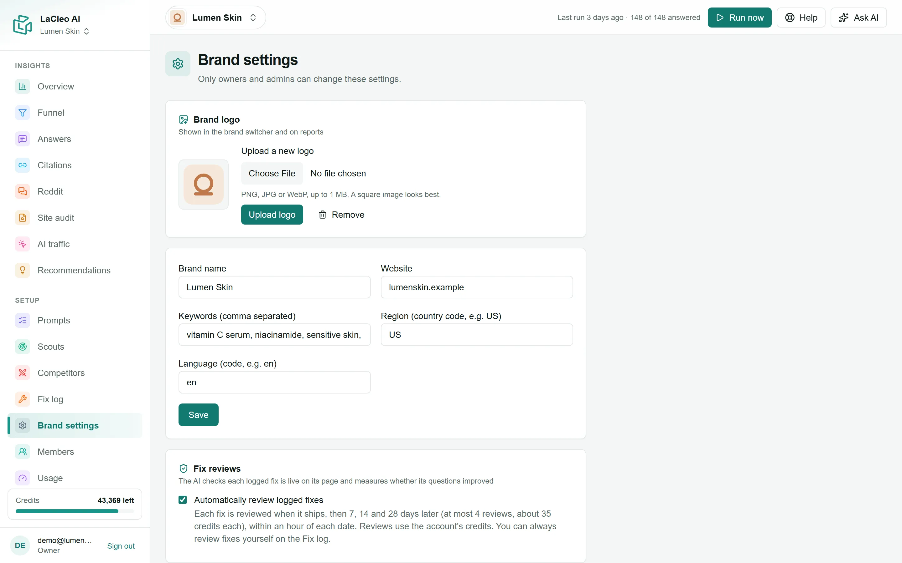 Brand settings: logo, details and automatic fix reviews