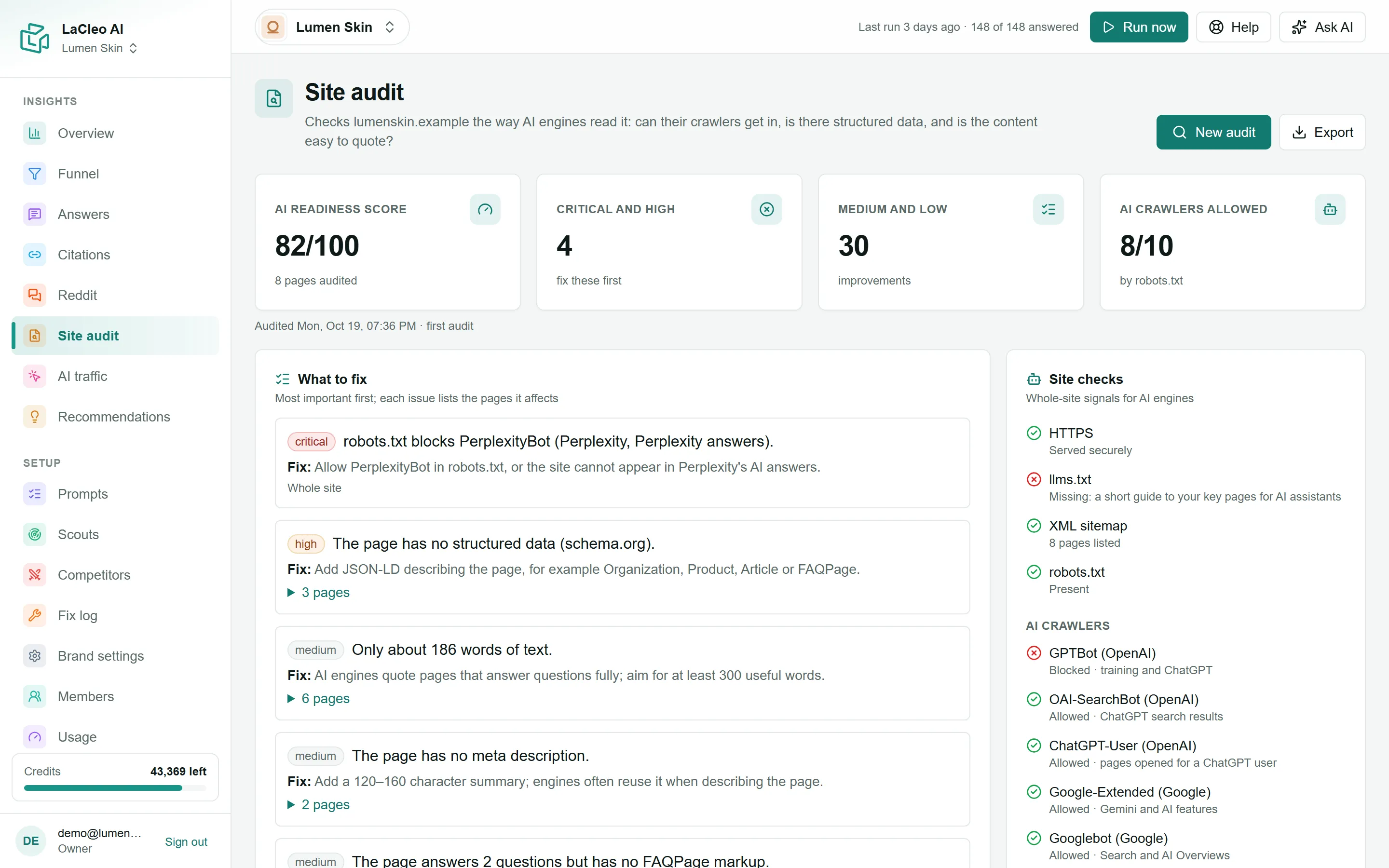 The Site audit page: AI readiness score, what to fix and site checks