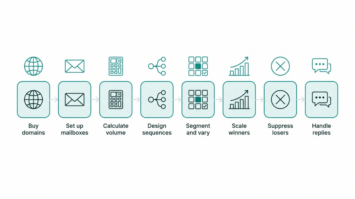 Eight-step pipeline for agentic email marketing: buy domains, set up mailboxes, calculate volume, design sequences, segment and vary, scale winners, suppress losers, handle replies