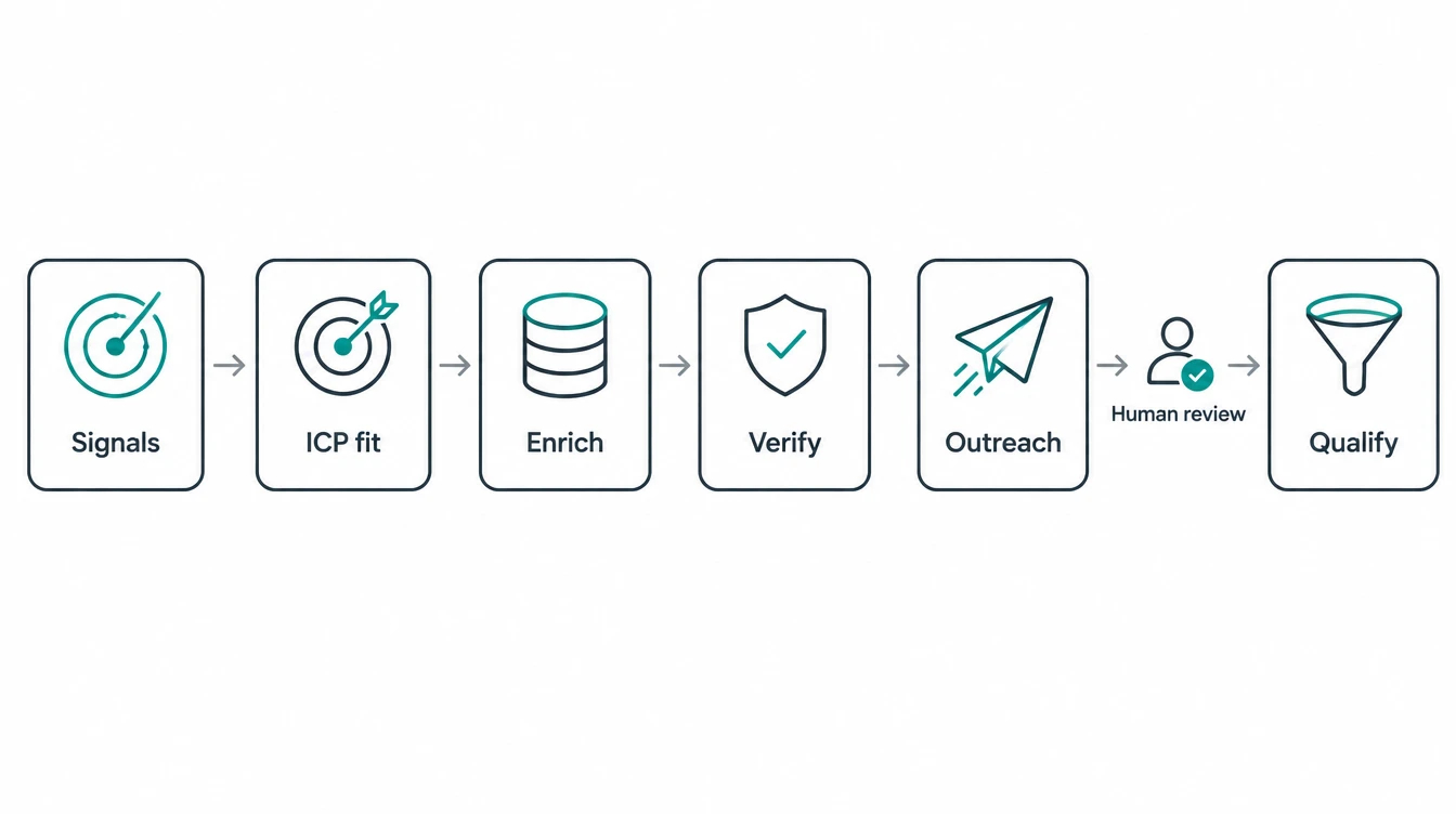 Six-stage pipeline: Signals, ICP fit, Enrich, Verify, Outreach, Qualify, with a human review step between Outreach and Qualify
