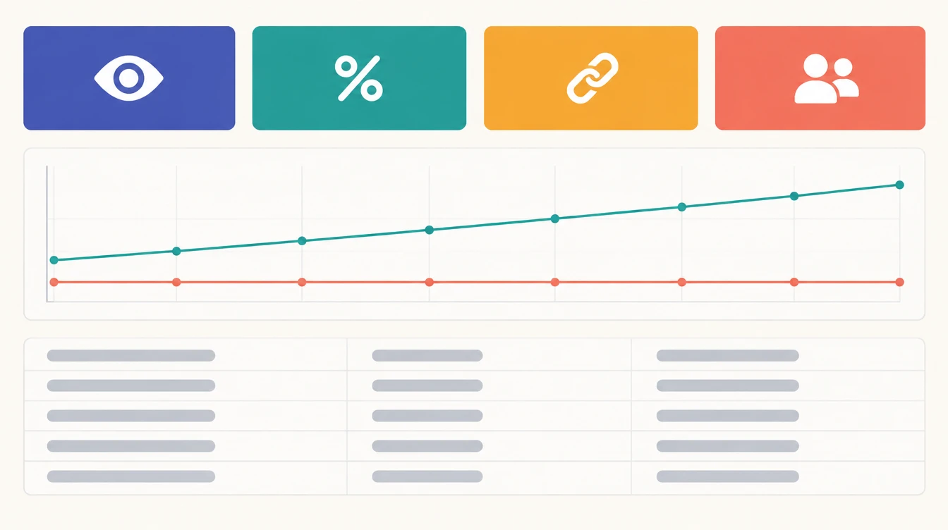 Dashboard illustration with four colored KPI tiles, a two-line trend chart and a table outline