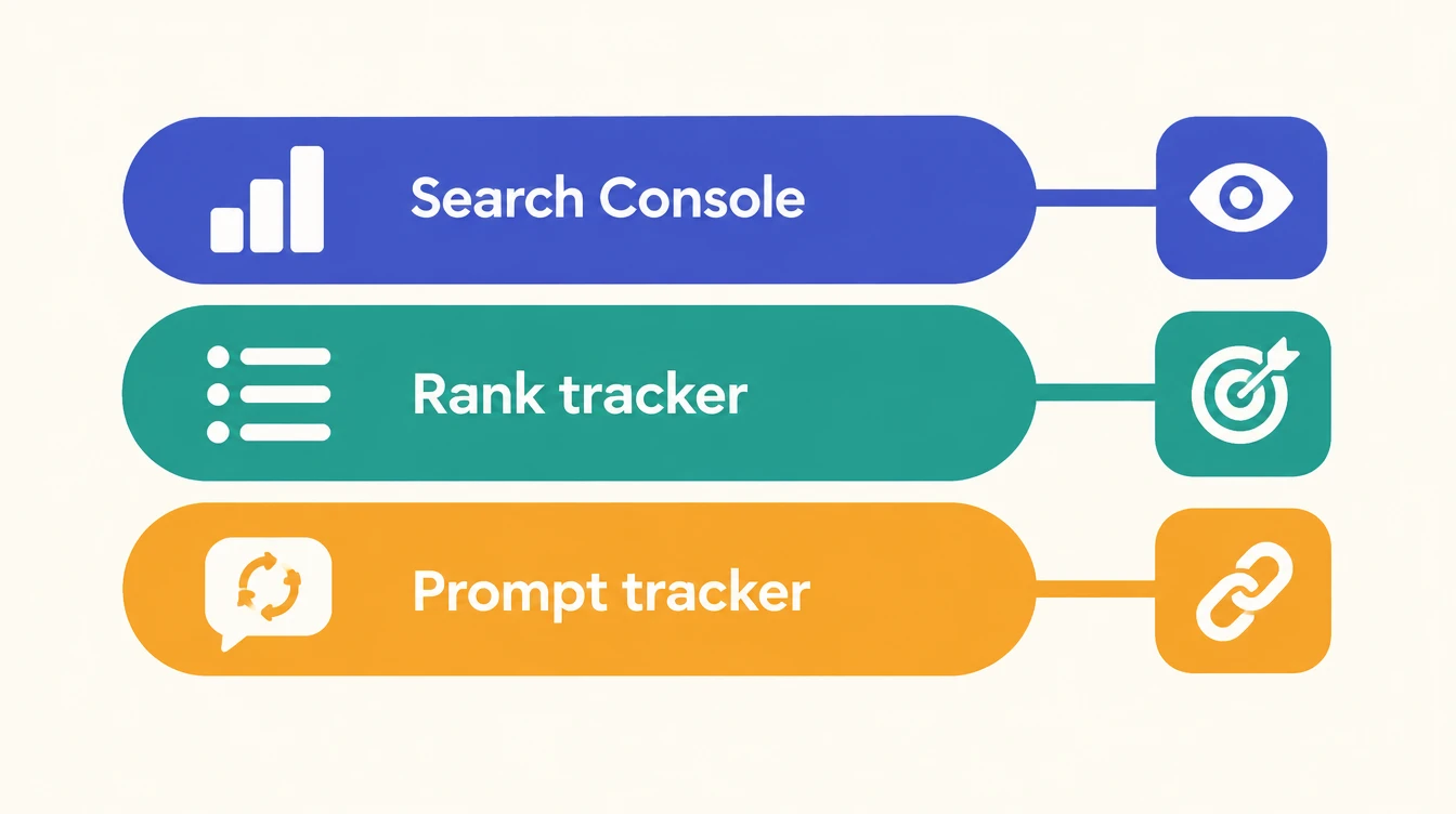 Three stacked bands labelled Search Console, Rank tracker and Prompt tracker, with outcome icons for reach, keyword presence and citation