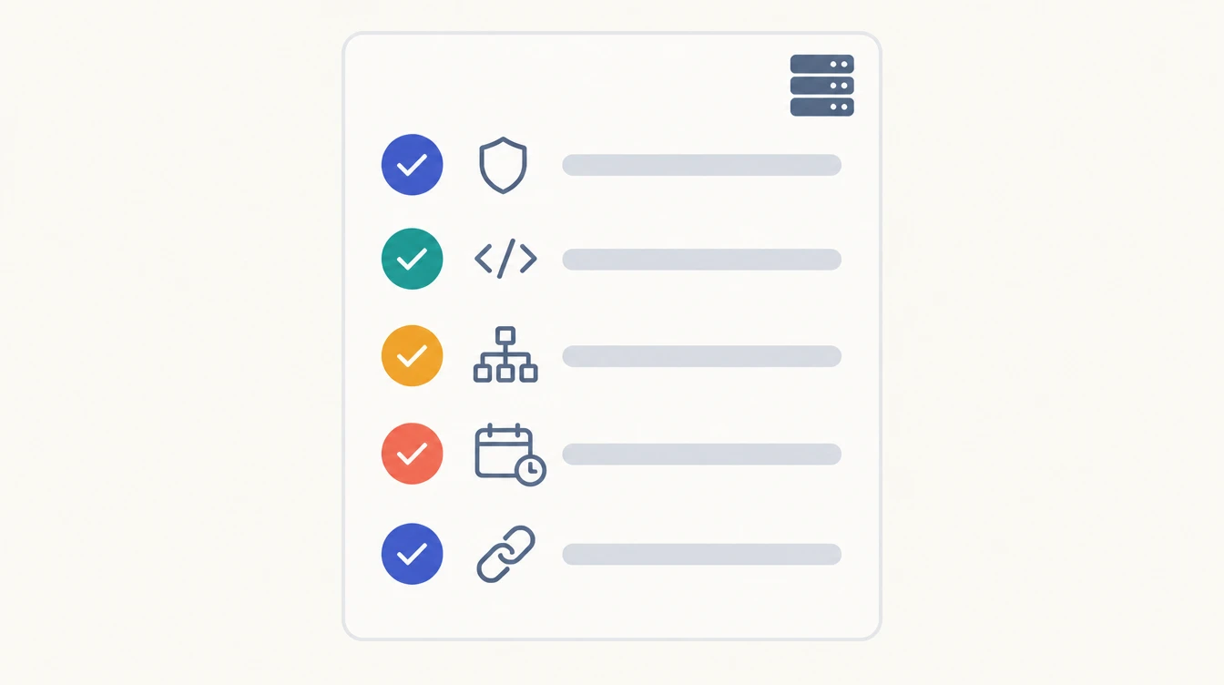 A checklist card with five colored checkmarks beside icons for shield, code, sitemap, schedule and link