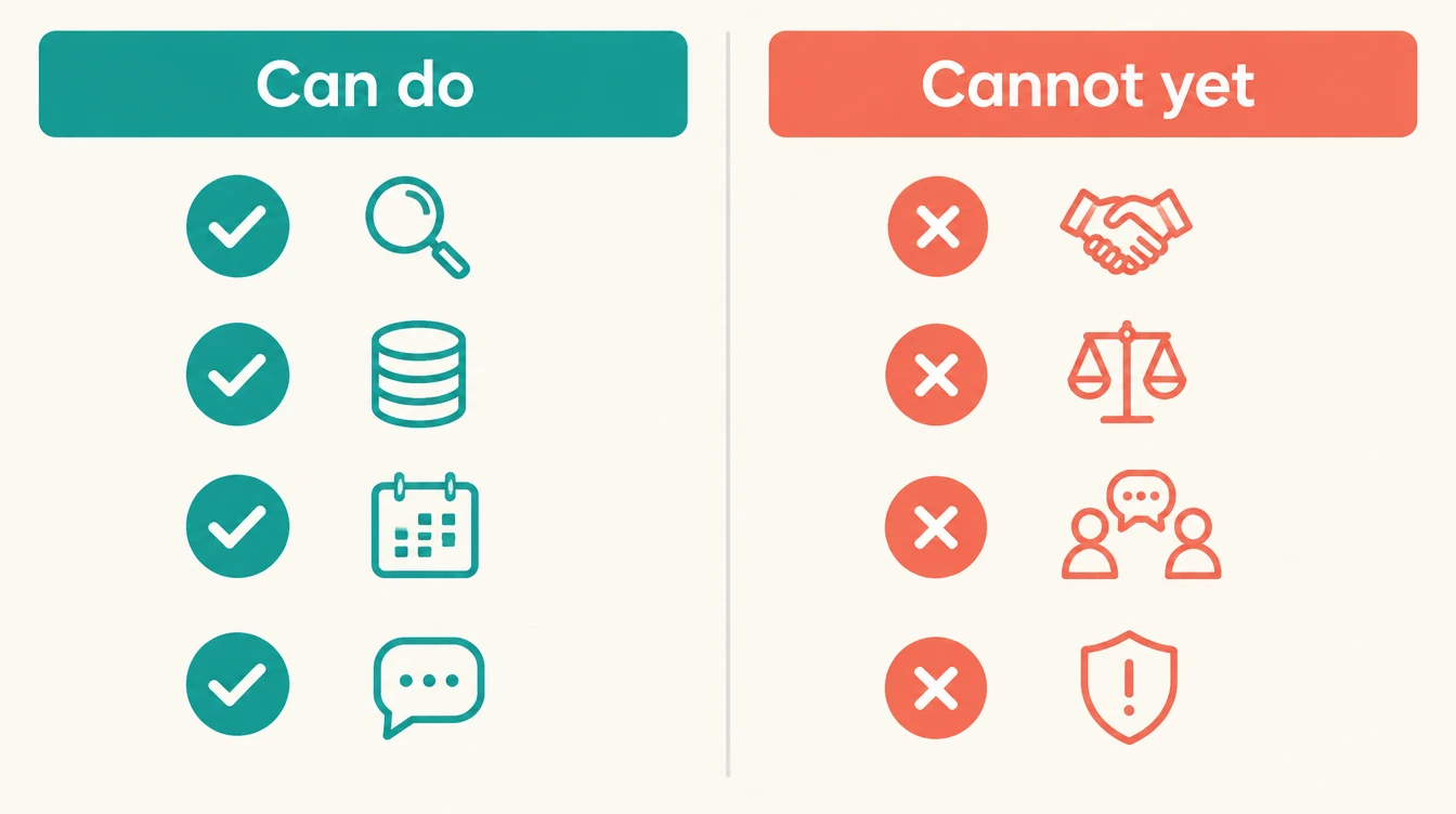 Two-column scorecard: Can do with four checkmarked icons for research, data, calendar and chat; Cannot yet with four crossed icons for handshake, scales, conversation and reputation
