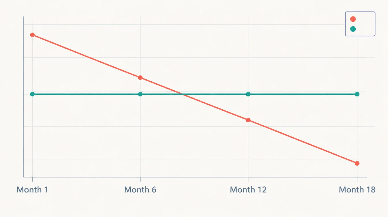 Line chart from Month 1 to Month 18: a coral line descending steadily and a teal line staying nearly flat