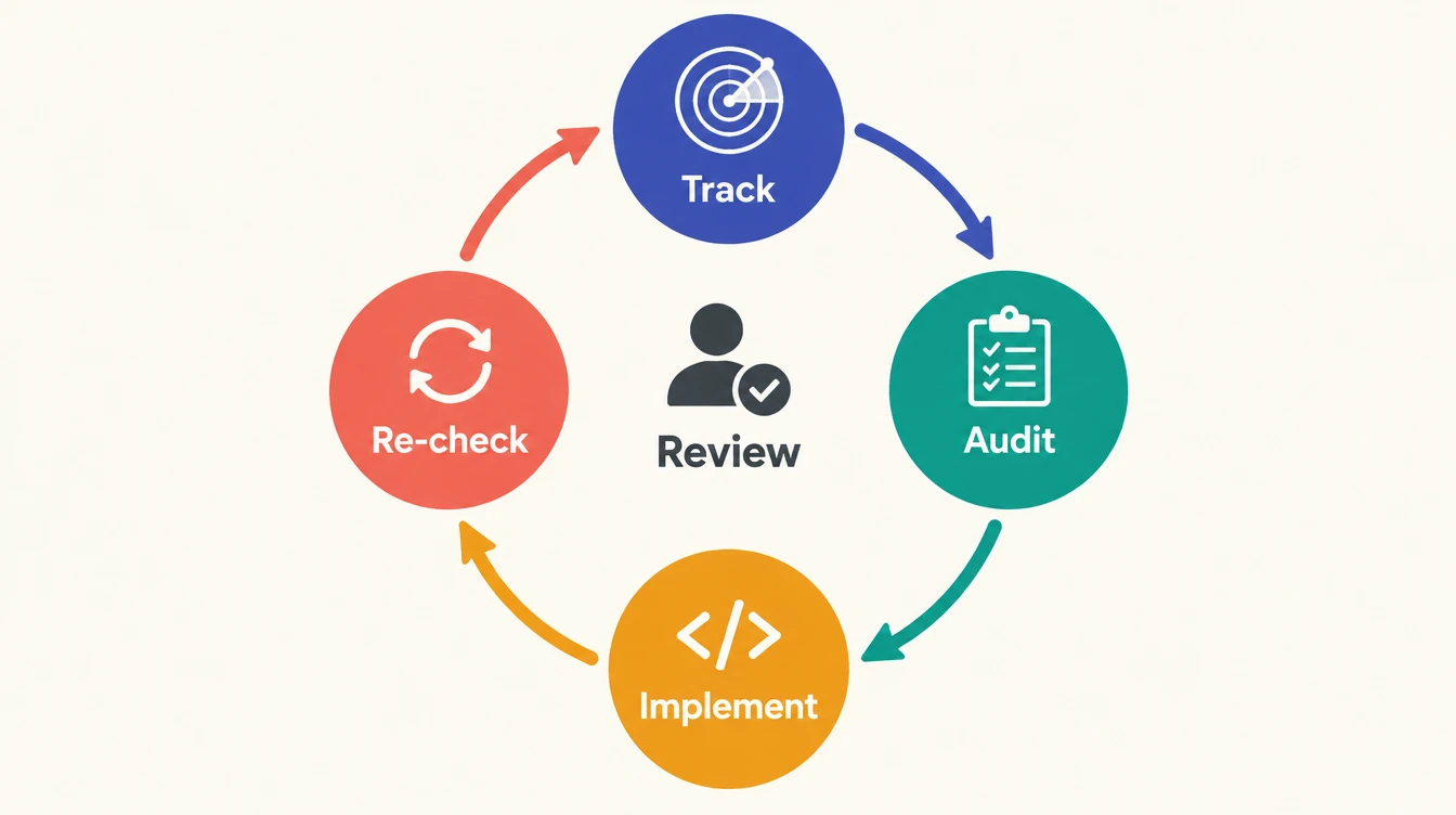 Four-node cycle: Track, Audit, Implement, Re-check, with a Review step in the center