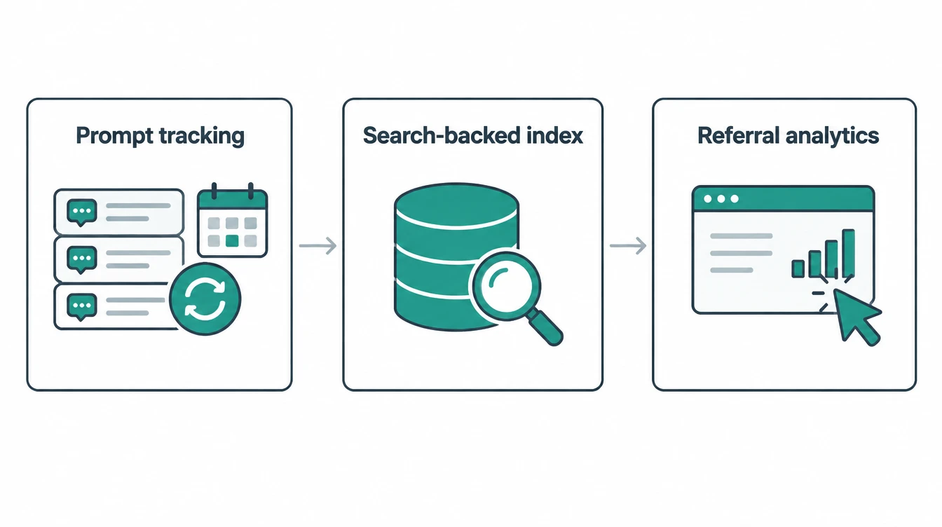 Three-card diagram of collection models: prompt tracking re-run daily, a search-backed prompt index, and referral analytics from a browser session