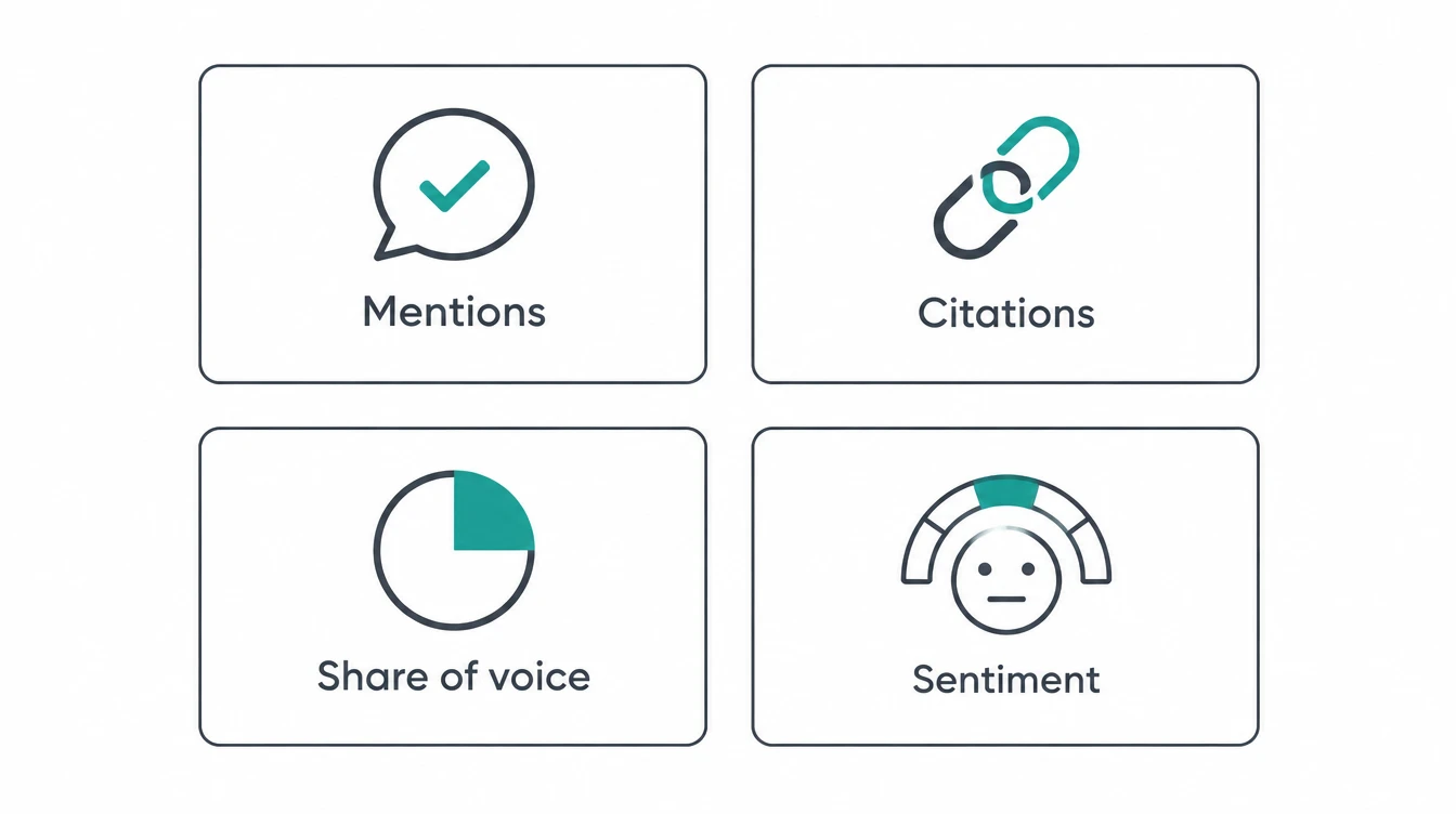 Four metric tiles labelled Mentions, Citations, Share of voice and Sentiment with simple line icons