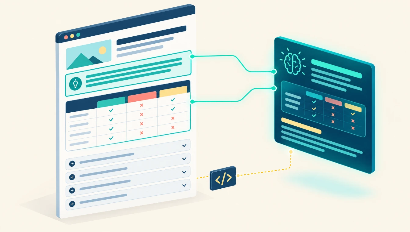 A web page with a boxed answer paragraph, a comparison table, FAQ rows and structured data, connected by lines to an AI answer panel