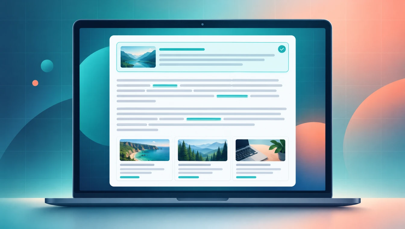 An AI search answer panel with teal inline links in the text, thumbnail link cards below and an official source card at the top