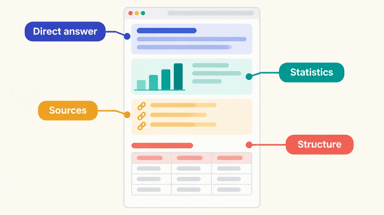 A web page with four colored callouts: Direct answer on the first paragraph, Statistics on a chart block, Sources on a reference list, Structure on headings and a table