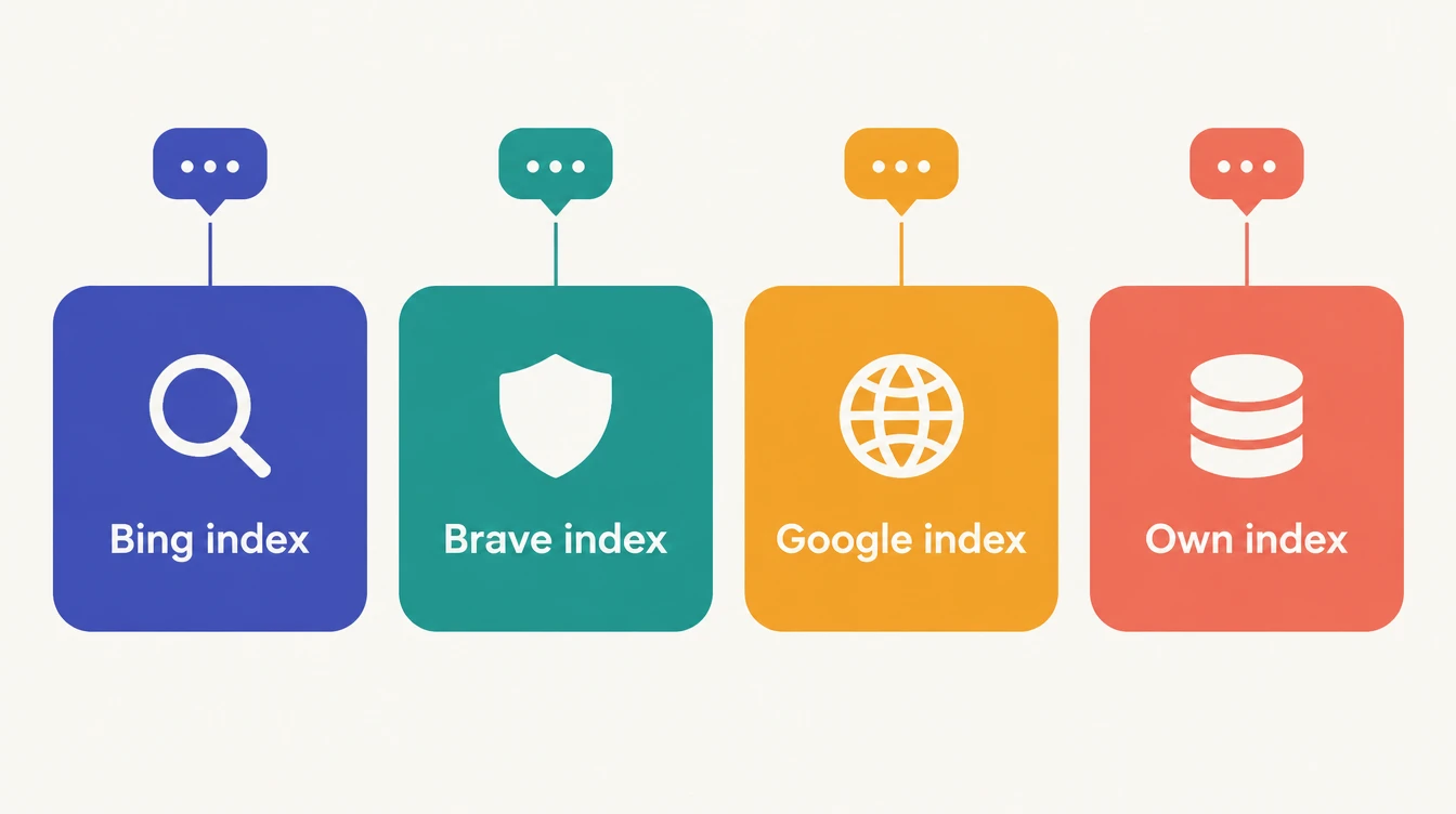 Four cards labelled Bing index, Brave index, Google index and Own index, each connected to a chat bubble, showing that different assistants retrieve from different search indexes