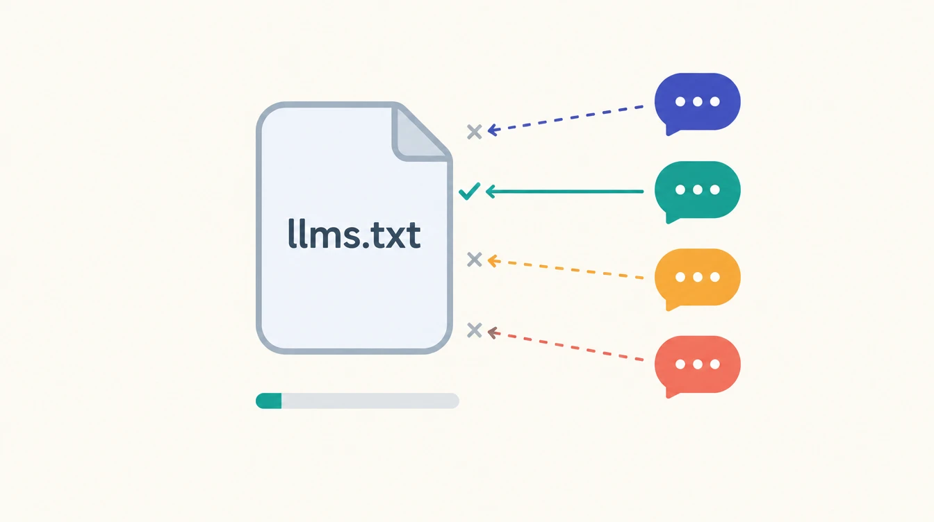 An llms.txt document with four arrows from AI assistant icons, three stopping short of it and one reaching it, above a bar that is almost entirely grey with a thin teal segment