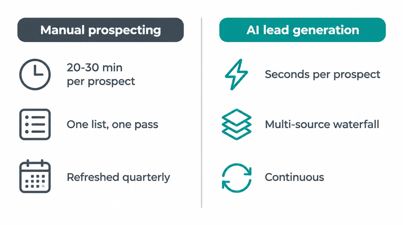 Two-column comparison: manual prospecting at 20 to 30 minutes per prospect, one list, refreshed quarterly; AI lead generation at seconds per prospect, multi-source waterfall, continuous refresh