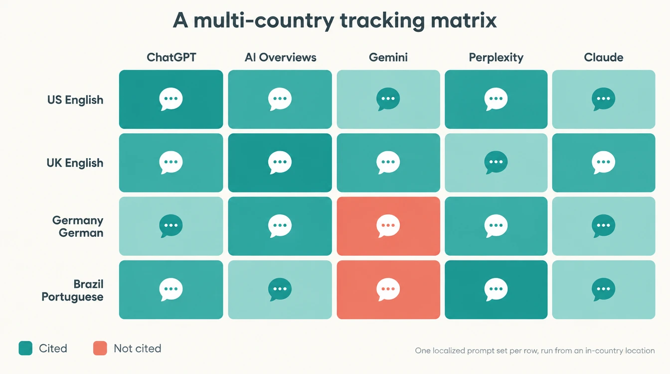 Grid of engines (ChatGPT, AI Overviews, Gemini, Perplexity, Claude) by markets (US English, UK English, Germany German, Brazil Portuguese), cells shaded by citation status, caption: one localized prompt set per row, run from an in-country location
