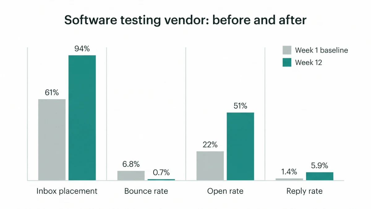 Bar chart comparing week 1 baseline with week 12 for a software testing vendor: inbox placement 61% to 94%, bounce rate 6.8% to 0.7%, open rate 22% to 51%, reply rate 1.4% to 5.9%