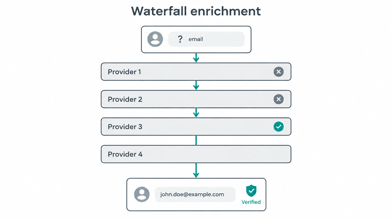 Waterfall enrichment diagram: a contact record passes through four provider layers, failing at the first two and verified at the third